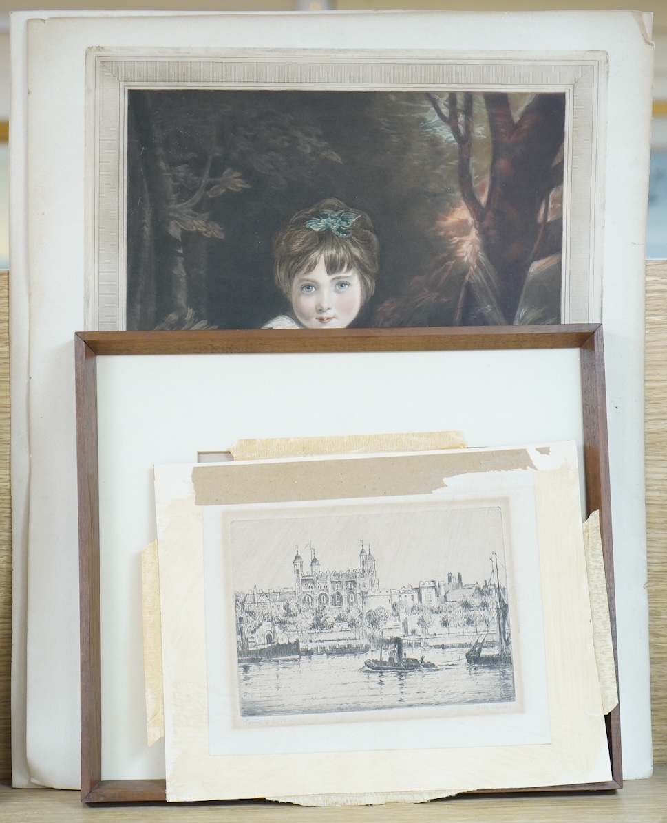 D M Clark, ‘The Tower of London’ and ‘St Paul's from Bankside’, each signed, two etchings together with Fred Millar, two mezzotints, signed in pencil, unframed, largest 50 x 41cm